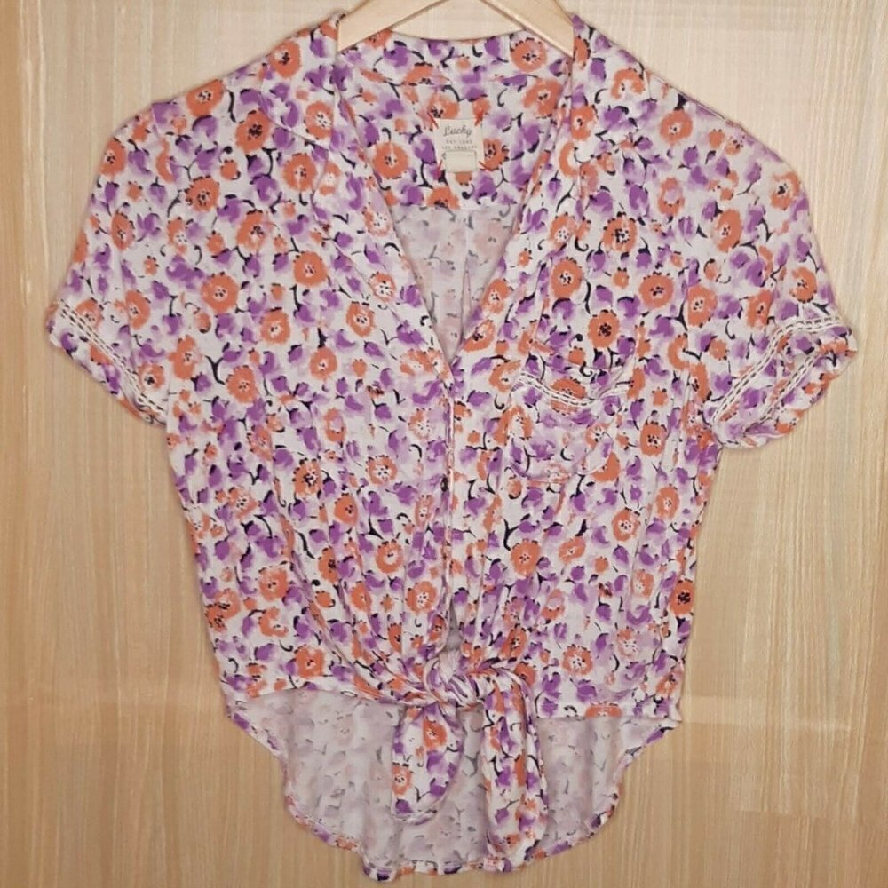 Lucky Brand Floral Soft High Low Front Tie Top